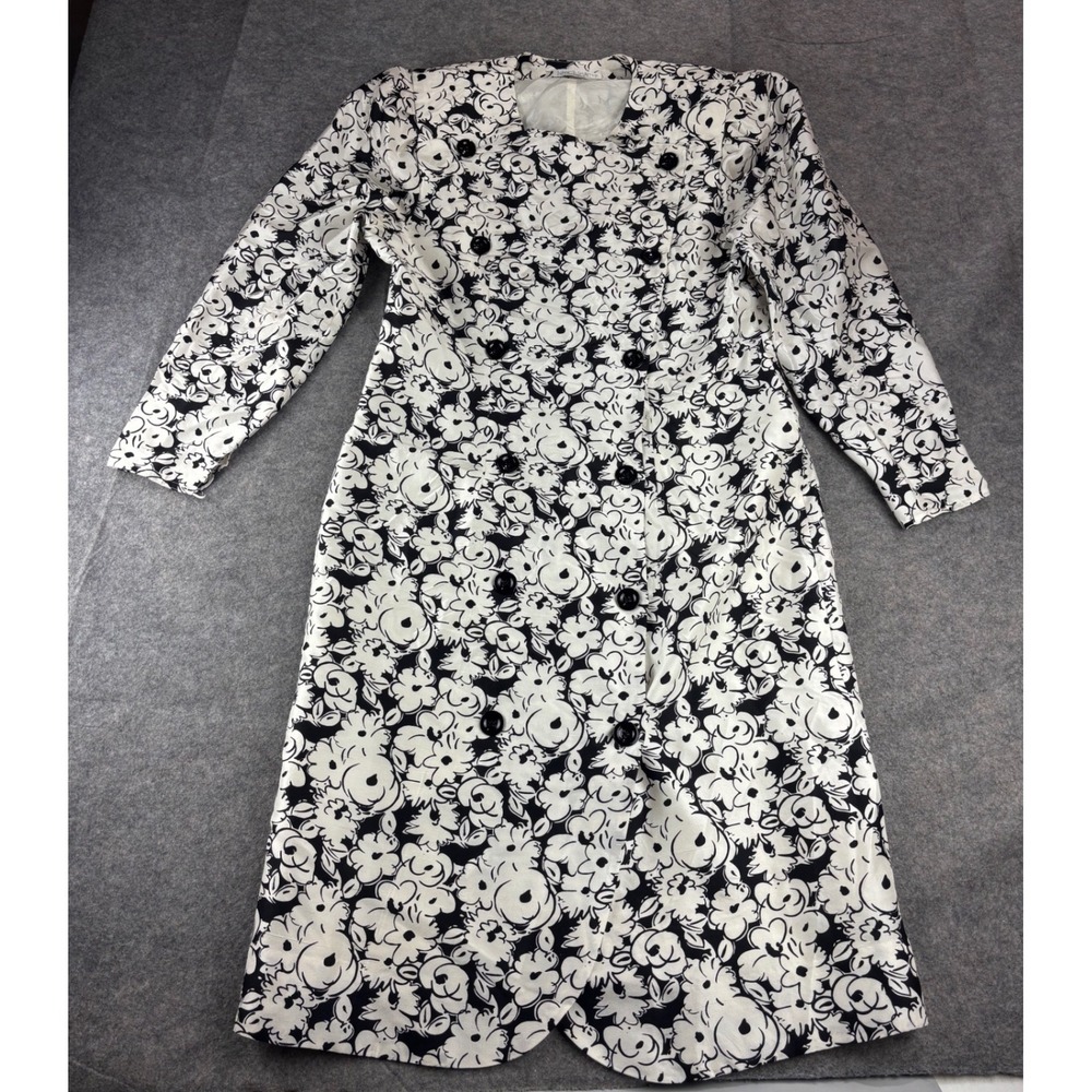 VTG Nancy Shaffer Floral 100% Silk Breasted Coat Dress Chic Preppy Classy 10 SEE